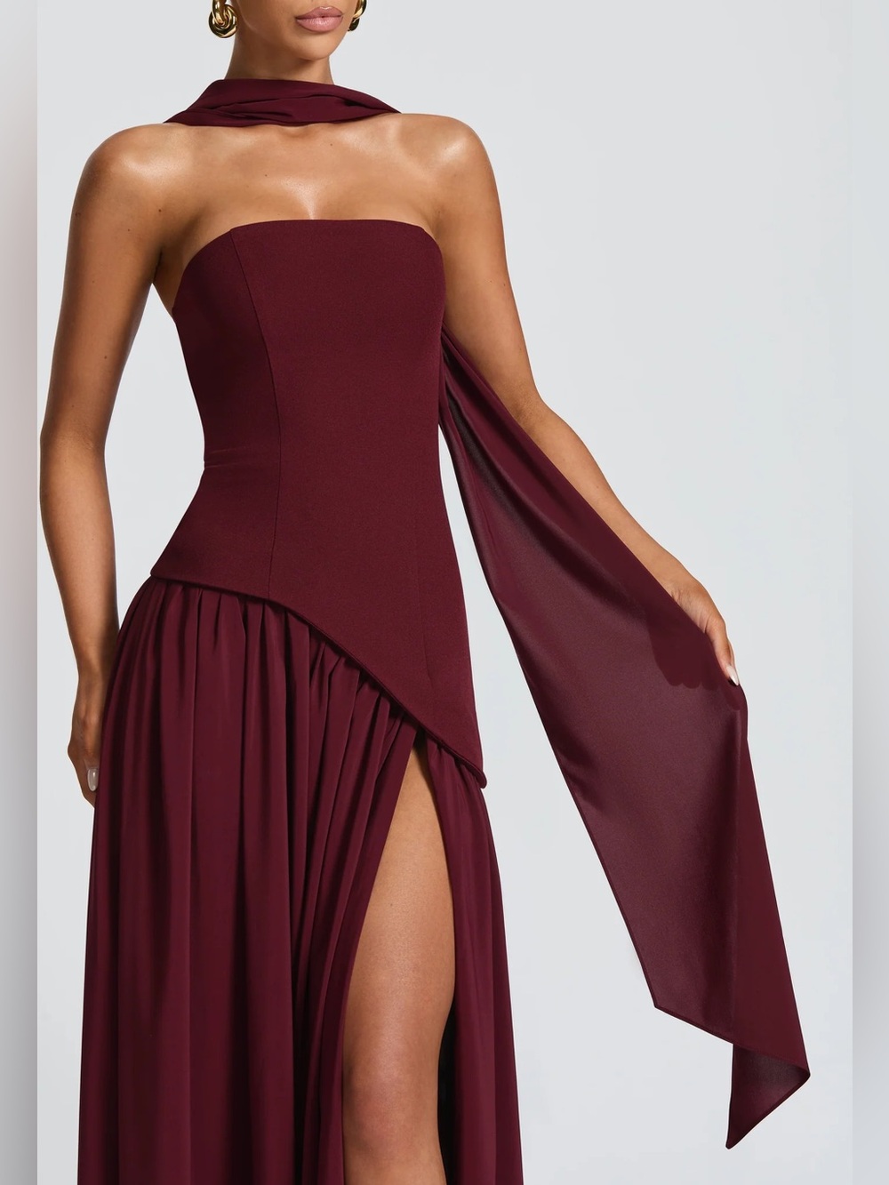 Strapless Burgundy Evening Gown with Draped Scarf
